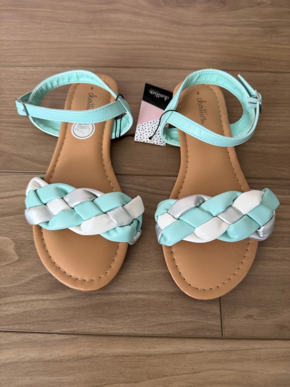 Mint, White & Silver Braided Ankle Strap Sandals